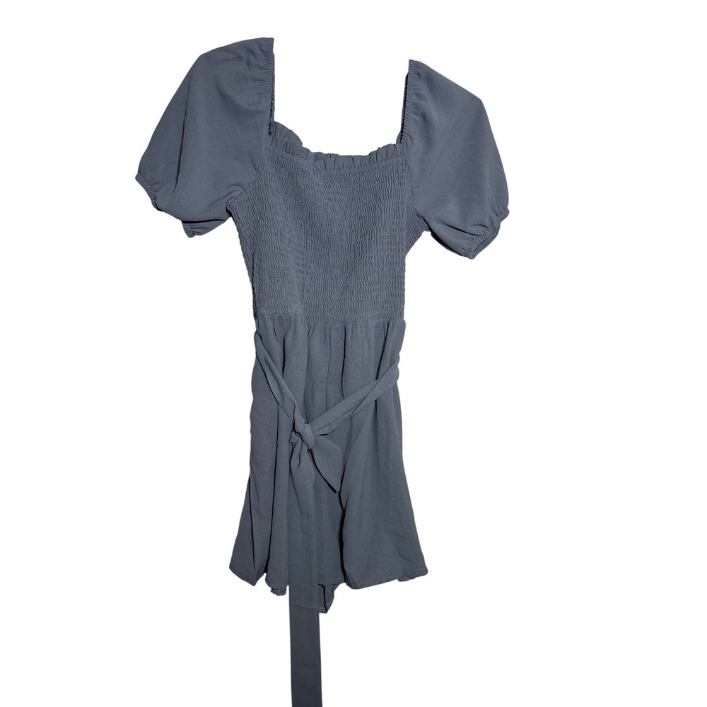 Womens Smocked Puff Sleeve Romper Dusty Blue Square Neck Waist Tie M Cottagecore